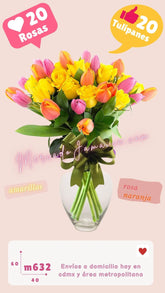 Arreglo floral con rosas y tulipanes